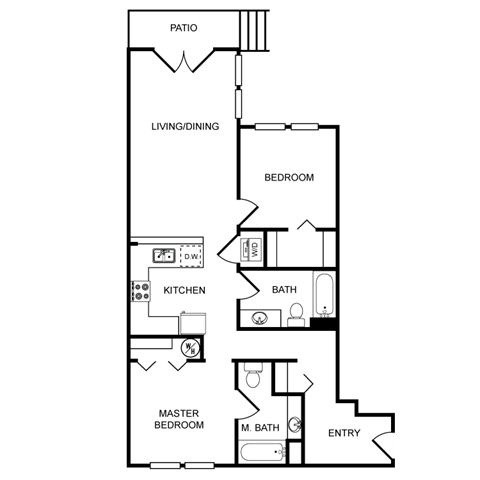 Floor plan for 2 beds, 2 baths, 907 sqft